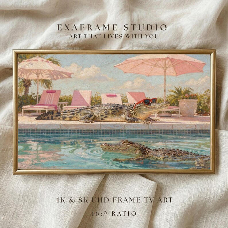 A stunning presentation of the quirky Palm Springs alligator art in a sleek gold frame, resting on a soft washed linen background. This display emphasizes the 8K UHD quality and 16:9 ratio optimized for Samsung Frame TVs. The soft fabric texture contrasts beautifully with the rich oil paint details of the poolside scene. Transform your digital screen into a high-end gallery piece with this unique retro summer painting. Grab yours now for a fresh vibe.