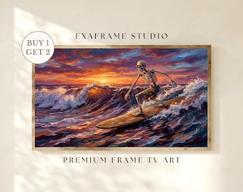 Summerween Halloween Surfing Skeleton Frame TV Art | Retro Sunset Spooky Summer Coastal Painting Samsung Frame TV Instant Digital Download