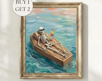 Summerween Skeleton Sunbathing Print, Halloween in July Skeleton Coffin Wall Art, Spooky Summer Pool Party Decor Halloween Digital Download