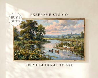Vintage Countryside Duck River Landscape Frame TV Art | Mallard Ducks Nature Oil Painting, Muted Rustic Farmhouse Cottagecore Decor Download