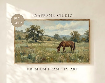 Marco de TV con paisaje de caballo vintage, arte para TV, prado verde apagado, primavera, Samsung, decoración rústica de estilo campestre.