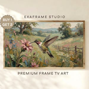 May include: A framed landscape painting featuring a hummingbird hovering near a pink flower. The artwork has a rustic, impressionistic style with a meadow, trees, and a fence in the background. The text "EXAFRAME STUDIO" and "PREMIUM FRAME TV ART" are visible.