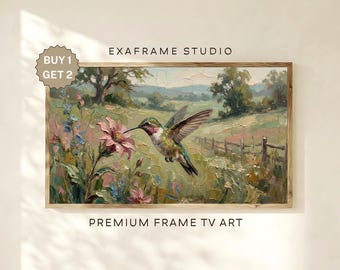 Vintage kolibrie schilderij lente frame tv-kunst, gedempte bloemen landschap frame tv-kunst, textuur olieverfschilderij, rustieke boerderij natuur decor