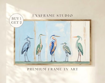 Abstract Blue Herons Painting Frame TV Art | Modern Minimalist Coastal Bird Screensaver, Neutral Summer Beach House Decor Samsung Frame TV