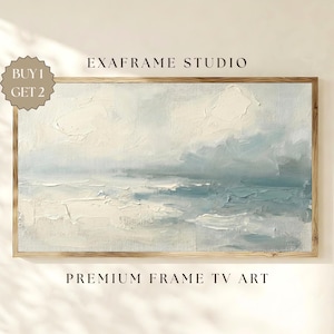 May include: An abstract landscape painting in a wooden frame. The artwork features a textured, impressionistic depiction of a seascape in shades of blue and white. The text "EXAFRAME STUDIO" and "PREMIUM FRAME TV ART" are visible.