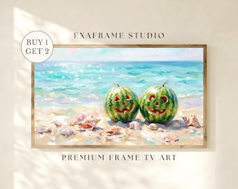 Cuadro decorativo de calabaza de calabaza con sandía de verano, pintura de playa con conchas marinas costeras de verano espeluznante, linda decoración de Halloween para Samsung Frame TV