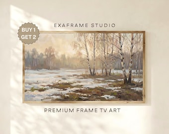 Marco de paisaje invernal vintage para TV, arte / Pintura al óleo de principios de primavera neutra con bosque nevado / Decoración rústica natural para Samsung TV