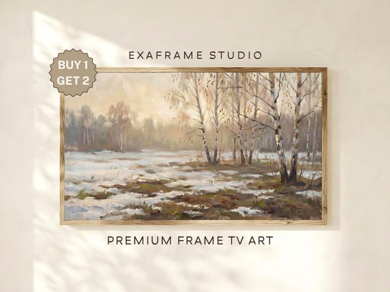 Vintage Winter Landscape Frame TV Art | Snowy Forest Neutral Early Spring Oil Painting | Rustic Nature Decor Samsung TV Screensaver