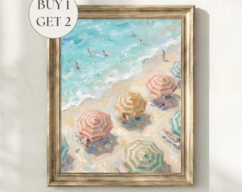 Coastal Beach Day Print, Tiny Swimmers & Umbrellas Wall Art, Vintage Aerial Beach Ocean Painting, Preppy Retro Summer Decor Digital Download