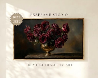 Marco de rosas burdeos con efecto de melancolía para TV, pintura al óleo vintage con ramo de rosas rojas, decoración floral romántica para San Valentín, descarga digital
