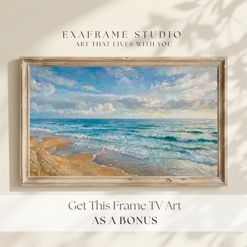 Moody Horse Painting exclusive bonus offer showcasing a matching impressionist ocean seascape art piece displayed on a Samsung Frame TV in a rustic wooden frame. The vibrant blue waves and sunny beach scene feature authentic oil painting textures and 8K high-definition clarity. This promotional mockup highlights the extra value included with every order to complete your coastal farmhouse collection—shop digital art instantly.