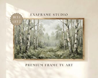 Arte para TV con marco de bosque de abedul / Pintura al óleo de paisaje abstracto con un tono verde apagado y melancólico, TV Samsung con textura Wabi Sabi, decoración rústica y natural neutra