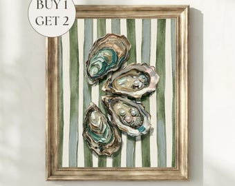 Coastal Oyster Painting | Oyster Shells Wall Art Print, Green Striped Seafood Kitchen Art, Nautical Beach House Decor Digital Download