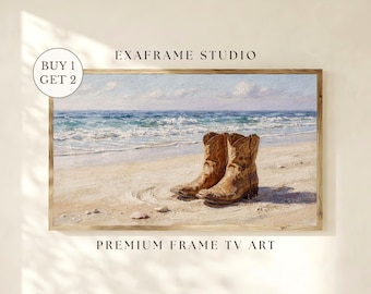 Cuadro decorativo de vaquera costera para TV, botas vaqueras del oeste, pintura al óleo de playa y océano, marco para TV Samsung, decoración rústica de granja costera, descarga instantánea.