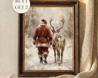 Vintage Santa Reindeer Print, Antique Christmas Wall Art,  Moody Winter Painting, Nostalgic Rustic Holiday Decor, Printable Digital Download