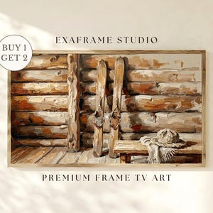 Pode incluir: Pintura a óleo de esquis vintage contra uma parede de cabana de madeira. Um pequeno banco com um chapéu e um cachecol. A obra de arte é emoldurada e apresenta os textos "EXAFRAME STUDIO" e "PREMIUM FRAME TV ART".