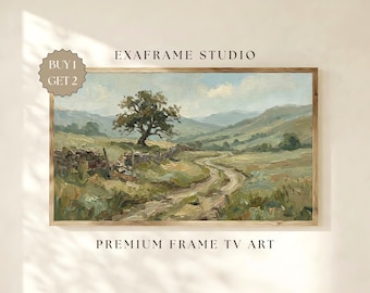 Marco de paisaje de camino rural, arte para TV / Pintura al óleo vintage de roble primaveral, estilo cottagecore melancólico, decoración rústica de casa de campo inglesa