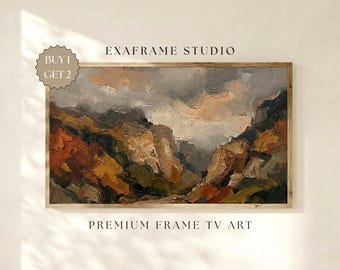 Arte abstracto para TV con marco melancólico, pintura al óleo de paisaje montañoso al atardecer en tonos neutros terrosos, TV Samsung con textura Wabi Sabi, decoración rústica campestre