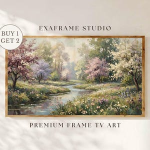 A crisp, sun-drenched minimalist display showing a vintage landscape painting with muted green meadows and spring wildflowers on a premium Samsung Frame TV. Set against a clean neutral cream wall with delicate botanical window shadows, this impressionist nature art brings immediate seasonal charm. Features an attractive buy one get two special promotional offer badge. Elevate your screen decor today—click to download this instant digital art screensaver.