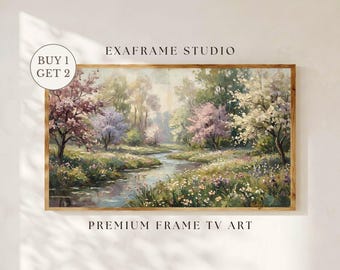 Vintage Landscape Painting Spring Frame TV Art, Muted Green Meadow Spring Wildflowers Samsung TV Screensaver, Rustic Farmhouse Nature Decor