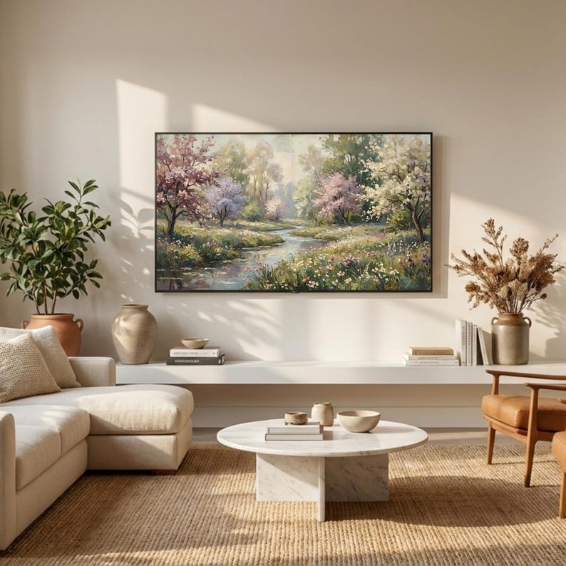 An elegant coastal farmhouse interior highlighting a premium vintage landscape painting displayed above a floating white media shelf. The bright and airy living room features a plush beige sectional sofa, a modern marble coffee table, and warm natural sunlight filtering through the space. Accented by stylish ceramic vases and dried florals. Instantly download to refine your home entertainment display.