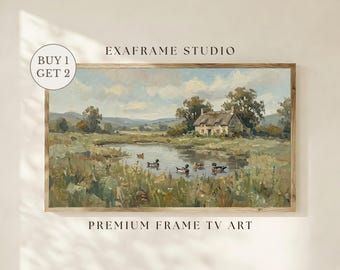 Vintage Duck Pond Landscape Frame TV Art, Muted Green Meadow Nature Oil Painting, Moody Antique Country Rustic Cottagecore Decor Download