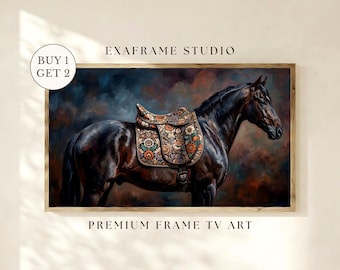 Vintage Horse Painting Frame TV Art, Moody Equestrian Heritage Wall Decor, Floral Saddle Victorian Antique Horse Portrait Samsung Frame TV