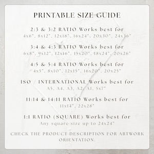 Comprehensive printable wall art size guide chart listing all compatible aspect ratios for high quality home decor printing. The guide covers 2:3, 3:4, 4:5, ISO, 11:14, and 1:1 square ratios with detailed inch measurements from 4x6 up to 24x36. This technical reference ensures customers choose the right file for their frames and professional printing services. Essential information for DIY home styling and gallery wall projects.