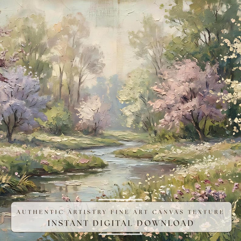 A striking macro close-up showcasing the rich, textured impressionist brushstrokes of a vintage river path art piece. The visible paint layers and artistic craftsmanship emphasize fine art depth on a textured linen canvas emulation. Capturing light and shadow contrast with exquisite precision, this digital art download is tailored for discerning collectors. Click to access your high-resolution files instantly.