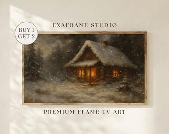 Moody Winter Night Landscape Frame TV Art | Vintage Snowy Cabin Oil Painting, Cozy Rustic Christmas Farmhouse Decor, Digital Download