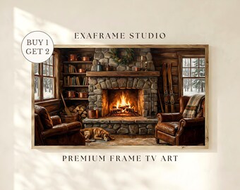 Vintage Ski Lodge Frame TV Art Cozy Fireplace Cabin Painting Christmas in July Rustic Winter Farmhouse Decor Samsung TV Digital Download