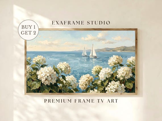 Grandmillennial Preppy Coastal Frame TV Art | Nantucket White Hydrangeas & Sailboats Oil Painting Samsung Frame TV Summer Beach House Decor
