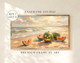 Cuadro decorativo de calabaza de calabaza con sandía de verano, pintura de playa con puesta de sol costera de verano espeluznante, decoración de Halloween en tonos pastel para Samsung Frame TV