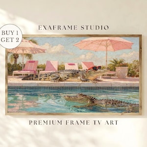 A professional hero display of a whimsical Palm Springs retro art piece featuring a funny alligator with sunglasses lounging by a pink poolside. Shown as a Samsung Frame TV art download, this quirky animal painting brings vibrant summer vibes to any modern home. The high-resolution oil paint texture and bold colors create a stunning visual focus. Buy this digital masterpiece instantly to redefine your screen and enjoy the iconic desert oasis vibe.