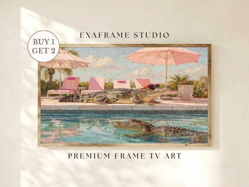 A professional hero display of a whimsical Palm Springs retro art piece featuring a funny alligator with sunglasses lounging by a pink poolside. Shown as a Samsung Frame TV art download, this quirky animal painting brings vibrant summer vibes to any modern home. The high-resolution oil paint texture and bold colors create a stunning visual focus. Buy this digital masterpiece instantly to redefine your screen and enjoy the iconic desert oasis vibe.