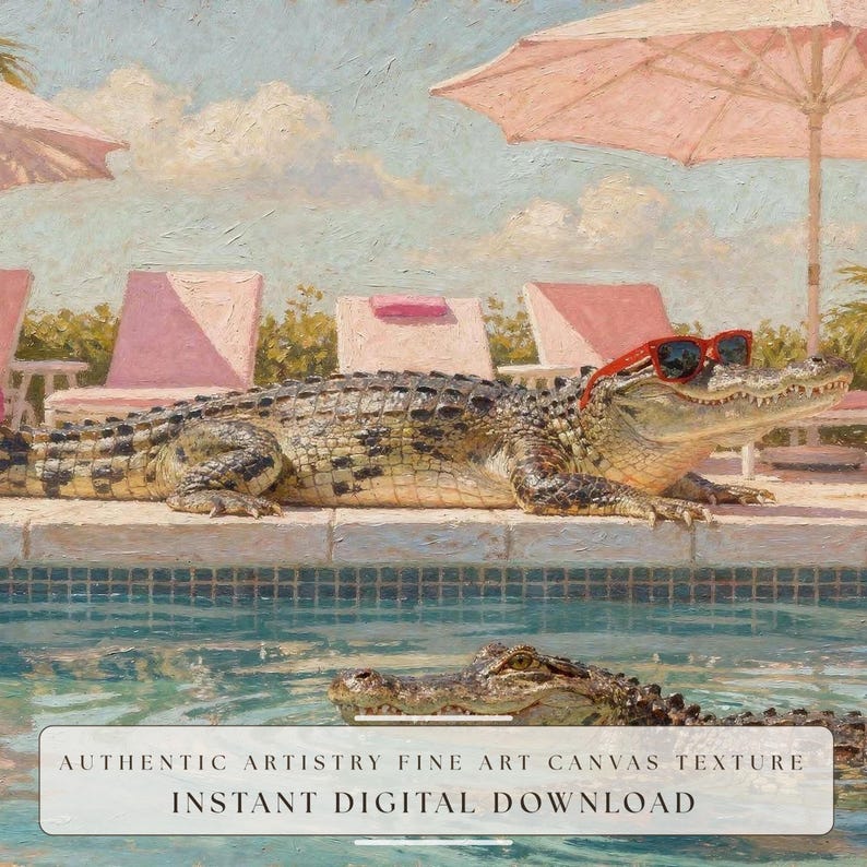 An extreme close-up detail highlighting the authentic impasto oil paint textures and visible brushstrokes of the funny crocodile pool art. Every stroke of the palette knife is visible, showcasing the fine art quality of this digital download. The rich textures on the pink umbrellas and teal water create a deep, painterly feeling for your Samsung Frame TV screen. Click to explore the intricate artistry and vibrant summer colors of this quirky masterpiece.