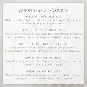 Professional FAQ and technical specifications mockup for high-definition printable wall art downloads. This informative guide highlights the 300 DPI professional grade clarity and multiple ratio options for a perfect print finish. Includes a Buy 1 Get 1 Free special offer announcement with bonus Frame TV art and a complimentary A6 gift note card. Designed to provide a secure and easy digital shopping experience for modern art lovers and home decorators.