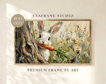 Paashaas schilderij lente lijst tv-kunst | Vintage tv-kunst met textuur en wilde bloemen, boerderij Cottagecore, grillige kinderkamerinrichting