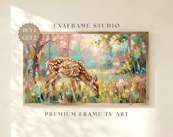 vintage bébé cerf peinture printemps cadre TV Art | Peinture à l'huile texturée animal des bois, paysage de prairie florale, décor Cottagecore pastel