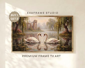 Valentijn Zwanenmeer schilderij Samsung frame tv-kunst, romantische watertuin lente landschap frame tv-kunst, vintage rustiek natuur decor