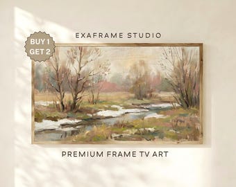 Vintage Landscape Painting Spring Frame TV Art, Muted Green Meadow Landscape Frame TV Art, Rustic Farmhouse Nature Decor, Digital Download