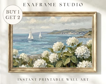 Grandmillennial Preppy Coastal Art Print | Nantucket White Hydrangeas & Sailboats Oil Painting Printable Wall Art, Summer Beach House Decor