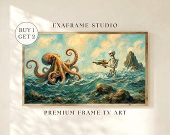 Summerween Octopus Skeleton Frame TV Art | Gothic Fantasy Ocean Kraken Art, Spooky Summer Nautical Decor Halloween in July Digital Download