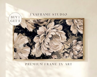 Marco floral negro intenso para TV, pintura al óleo vintage abstracta de peonías beige, protector de pantalla botánico texturizado para TV Samsung, decoración Dark Academia
