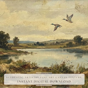 [Mallard Ducks Antique Oil Painting] close-up mockup highlighting the rich authentic fine art canvas texture and thick impasto oil paint details of the flying ducks. The zoomed-in view allows customers to see the intricate cracks and aged patina of this vintage nature print, proving its museum-quality giclee status. Perfect for anyone seeking realistic textured wall art for their rustic farmhouse or lake house — see every detail and download instantly.