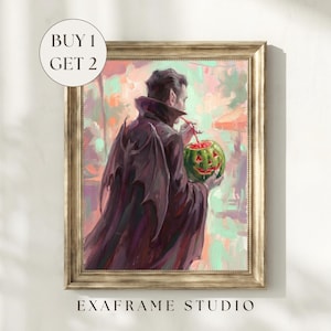 May include: A framed art print featuring a figure in a dark cape with bat-like wings, drinking from a green jack-o'-lantern with a straw. The background is a soft, impressionistic blend of pastel colours. The text BUY 1 GET 2 is visible.