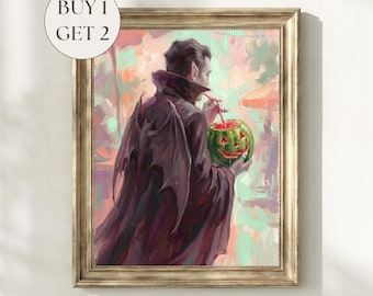 Summerween Dracula Print, Halloween in July Watermelon Jack o Lantern Gothic Vampire Painting Spooky Summer Decor Halloween Digital Download