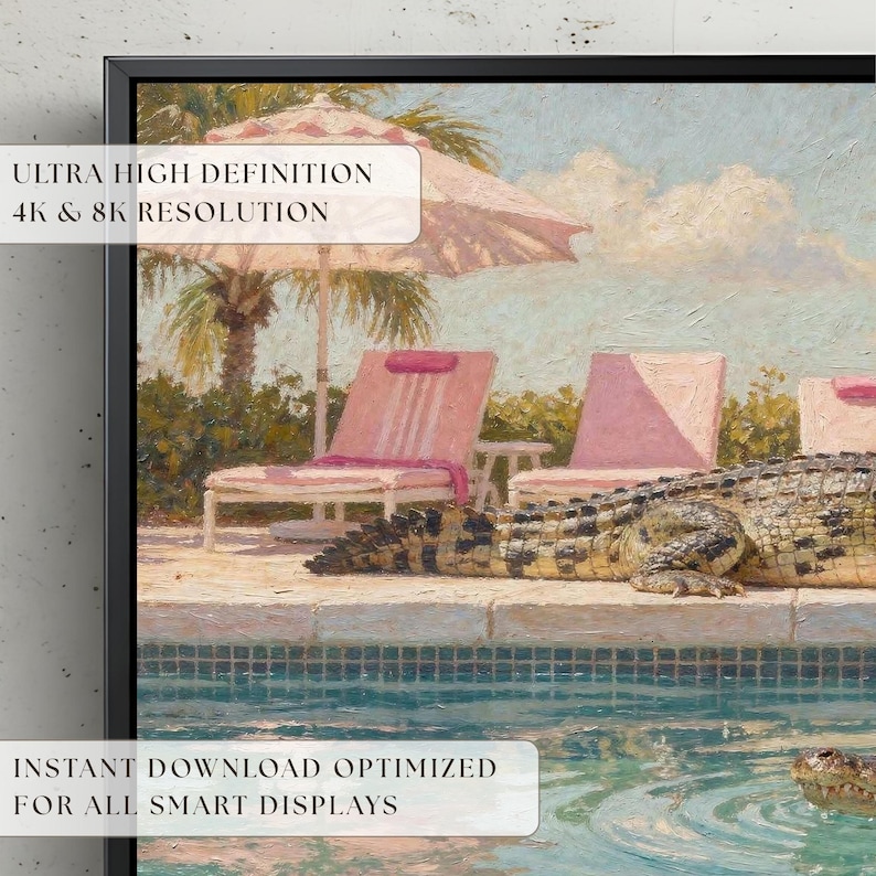A detailed close-up view of a smart TV screen displaying the funny Palm Springs alligator artwork. The image highlights the ultra-high definition 8K resolution, showcasing every intricate impasto brushstroke and the vibrant pink umbrella textures. Optimized for all smart displays, the fine art quality remains crisp and authentic. The water ripples and alligator scales appear as life-like layers. Redefine your digital space with crystal-clear artistry—download this high-res file instantly.