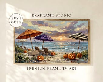 Summerween Beach Frame TV Art, Spooky Summer Coastal Umbrella Beach Painting, Vintage Pumpkin Halloween Decor Samsung Frame TV Download