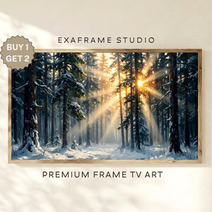 Snowy Evergreen Trees Frame TV Art - Winter Forest with Golden Sunbeams Painting, Cozy Christmas Rustic Nature Landscape Samsung TV Art